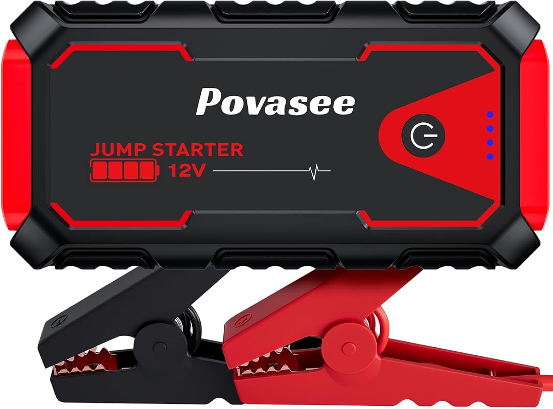 Povasee 5000A Jump Starter with USB Output, LED Light, and Storage Case for 12V Car Batteries