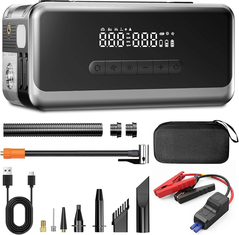 Powerful 4000A Jump Starter with Air Compressor, Portable Car Battery Jumper for Emergencies